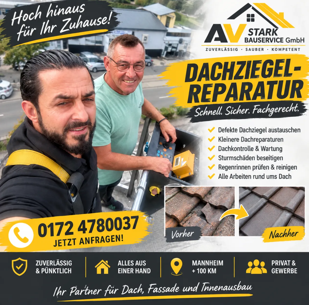 Zwei Mitarbeiter auf einer Hebebühne bei einer Dachziegel-Reparatur, daneben Vorher-Nachher-Bilder eines reparierten Ziegeldachs